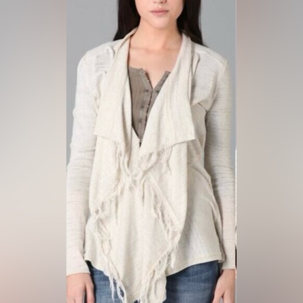 FREE PEOPLE FP Take a Bow Cardigan Oatmeal Cream Fringe boho Sweater